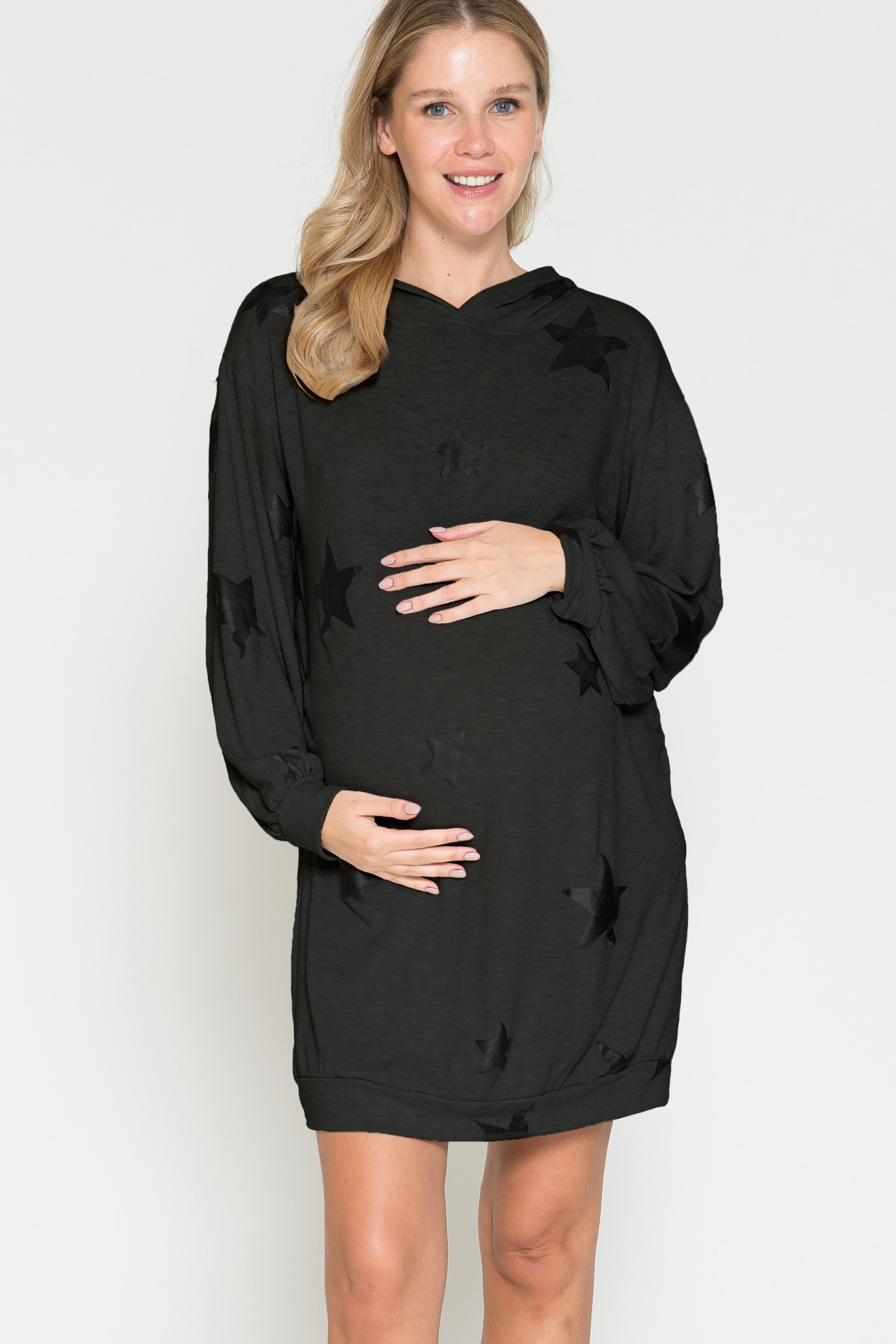 Women's Black long sleeve knee length ruched maternity & nursing dress